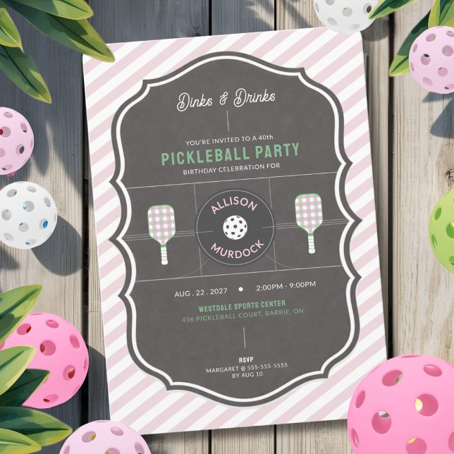 Dinks and Drinks Pink Pickleball Party Birthday  Invitation (Pink Pickleball Birthday Invitation for pickleball lovers)