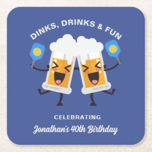 Dinks & Drinks Cartoon Beer Mugs Custom Pickleball Square Paper Coaster