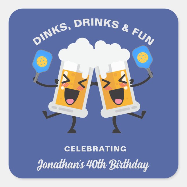 Dinks & Drinks Cartoon Beer Mugs Custom Pickleball Square Sticker (Front)