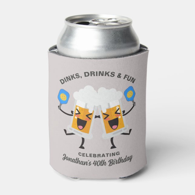 Dinks & Drinks Funny Cartoon Beer Mugs Pickleball Can Cooler (Can Front)
