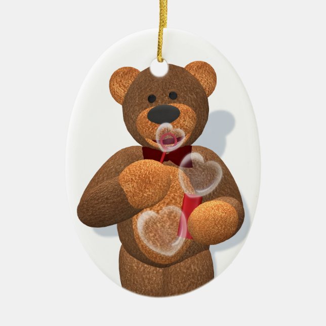 Dinky Bear blowing Heart Bubbles Ceramic Ornament (Front)