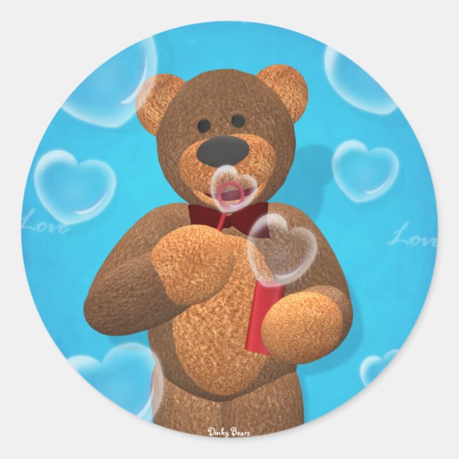 Dinky Bear blowing Heart Bubbles Classic Round Sticker (Front)