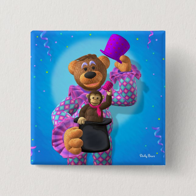 Dinky Bears Clown with Monkey 15 Cm Square Badge (Front)