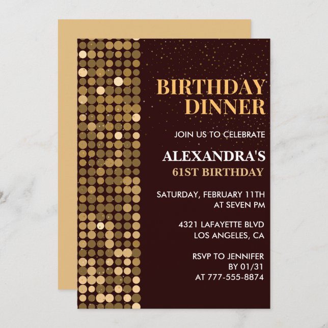 Dinner Glitter Glam Black Gold 61st birthday Invitation (Front/Back)