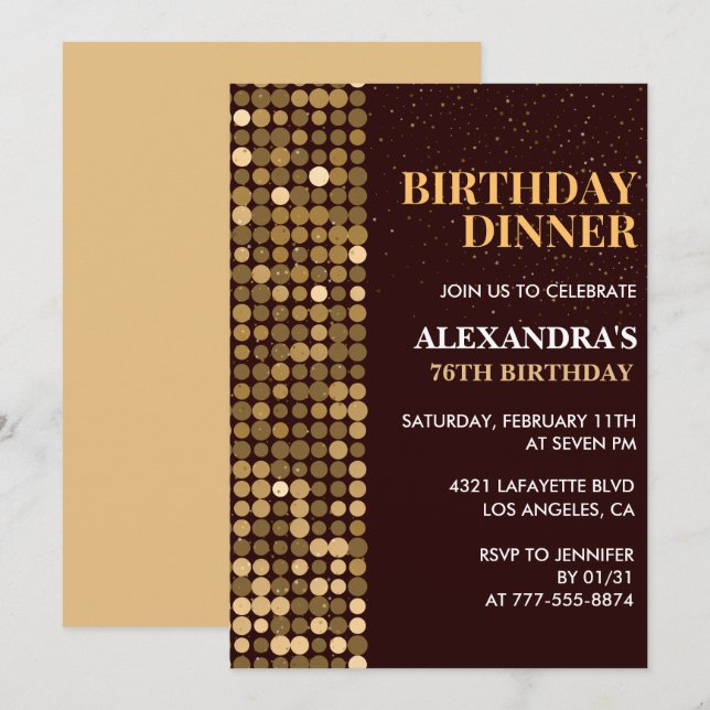 Dinner Glitter Glam Black Gold 76th birthday Invitation (Front/Back)