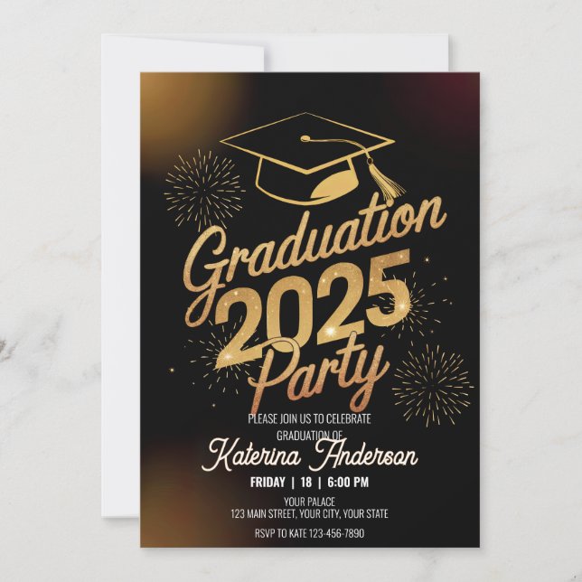 Dinner Graduation Gold Graduation Cap Fireworks Invitation (Front)