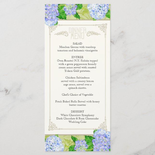 Dinner Menu Blue Hydrangea Lace Floral Formal (Front)