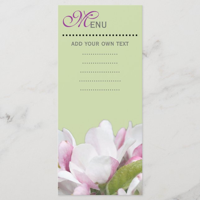 Dinner menu card, pink apple flowers. (Front)