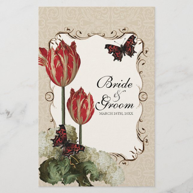 Dinner Menu Card - Tan n Cream Red Tulip Damask (Front)