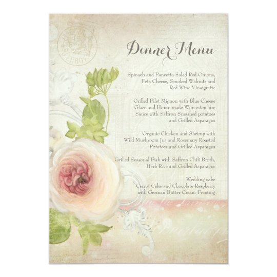 Dinner Menu Vintage Peony Flower Elegant Floral Card