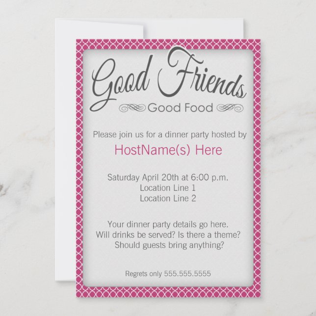 Dinner Party Invitations in Pink (Front)