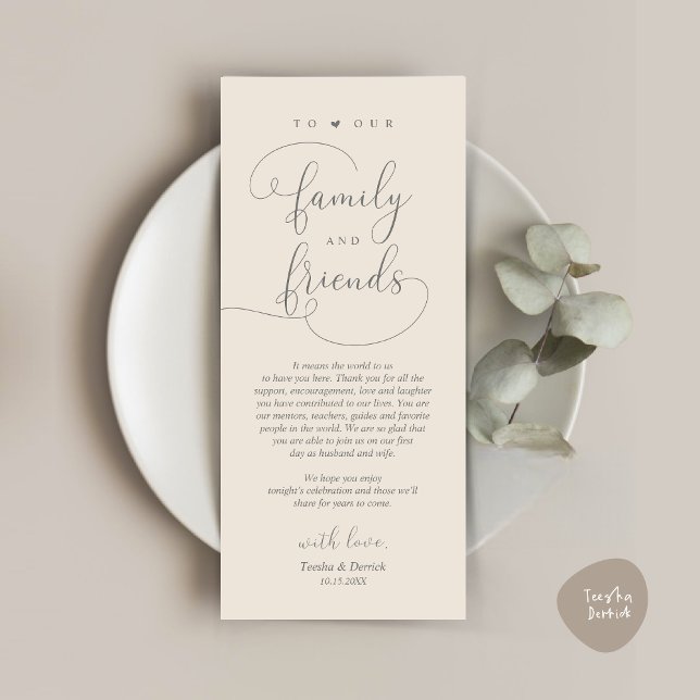 Dinner Place Setting Thank You Modern Elegant Card (Modern Romantic Script, Wedding Dinner Place Setting Thank You Card, in Cream and Grey)