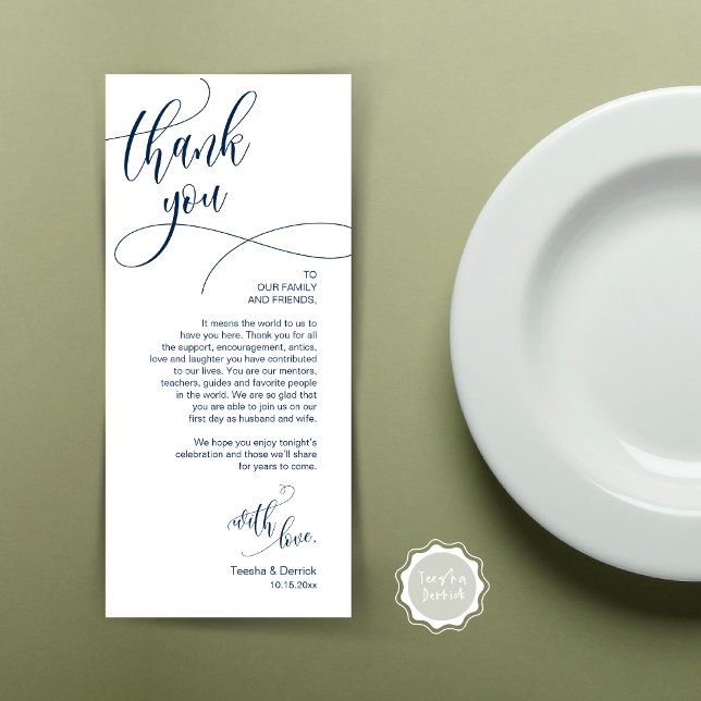 Dinner Place Setting Thank You, Modern Script Card (Wedding Dinner Place Setting Thank You Card, Plate Decor, Modern Calligraphy, in Navy Blue)
