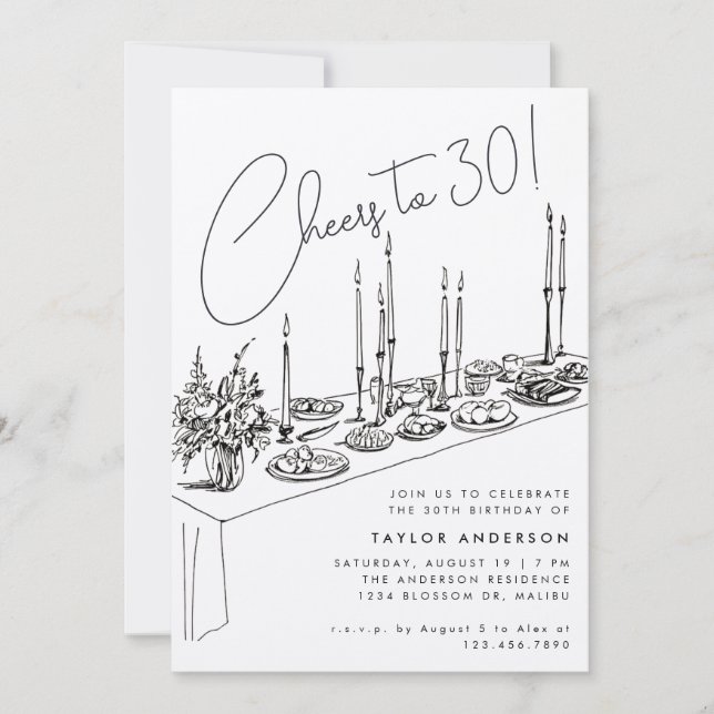 Dinner Table Cheers Drawing 30th Birthday Party Invitation (Front)