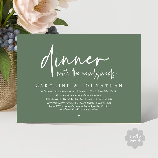 Dinner with the Newlyweds, Wedding Elopement Party Invitation (Dinner with the Newlyweds, Modern Wedding Elopement Party Invitation Card PDF Greenery Sage Green)