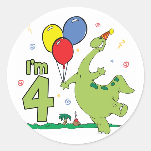Dino 4th Birthday Classic Round Sticker (Front)