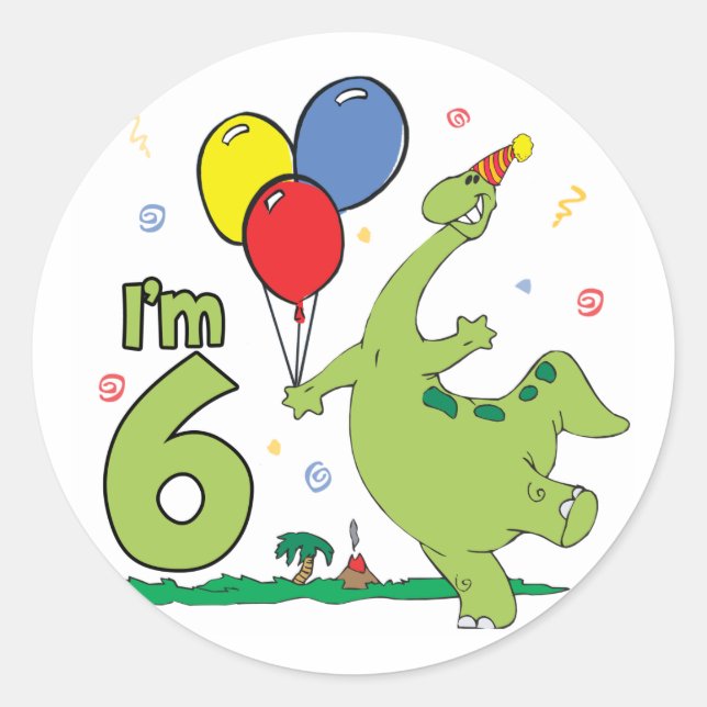 Dino 6th Birthday - Customised Classic Round Sticker (Front)