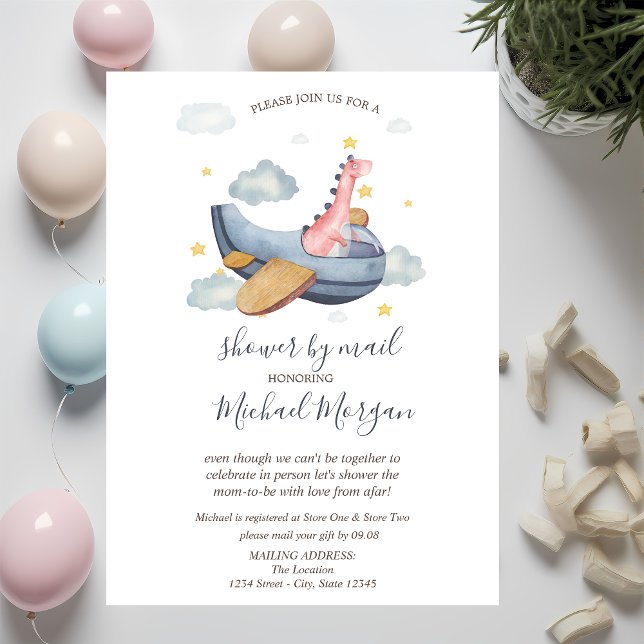Dino Aeroplane,Clouds,Dots Baby Shower By Mail Invitation (Creator Uploaded)