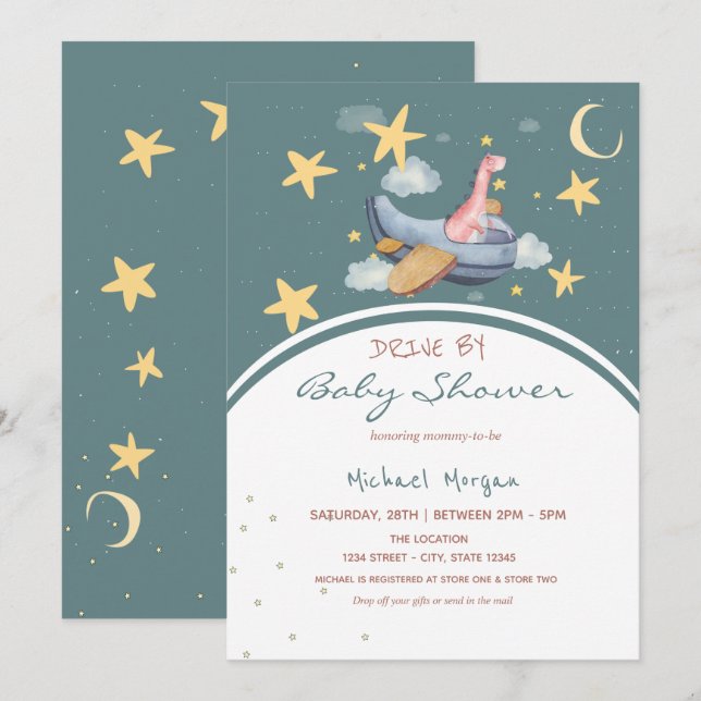 Dino Aeroplane  Space Stars Drive By Baby Shower  Invitation (Front/Back)