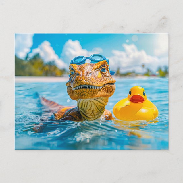 Dino Bathing with Rubber Duck Holiday Postcard (Front)