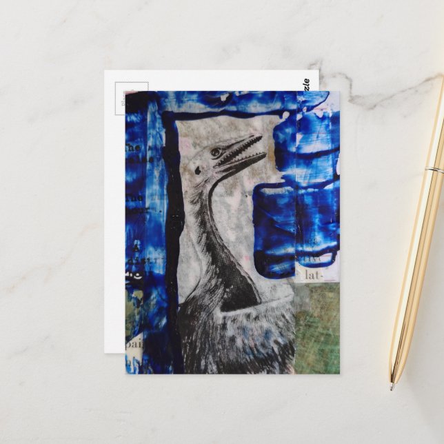 Dino Bird Mixed Media Collage Postcard (Front/Back In Situ)