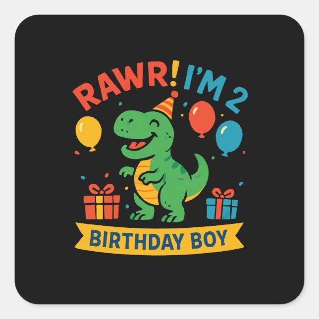 Dino Birthday Boy Paper Plate Design Square Sticker (Front)