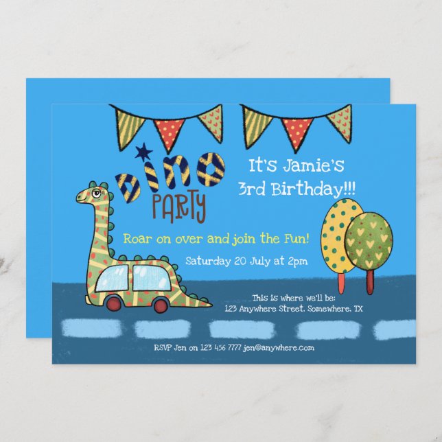 Dino Car Dinosaur Blue Yellow Boys Birthday Party Invitation (Front/Back)