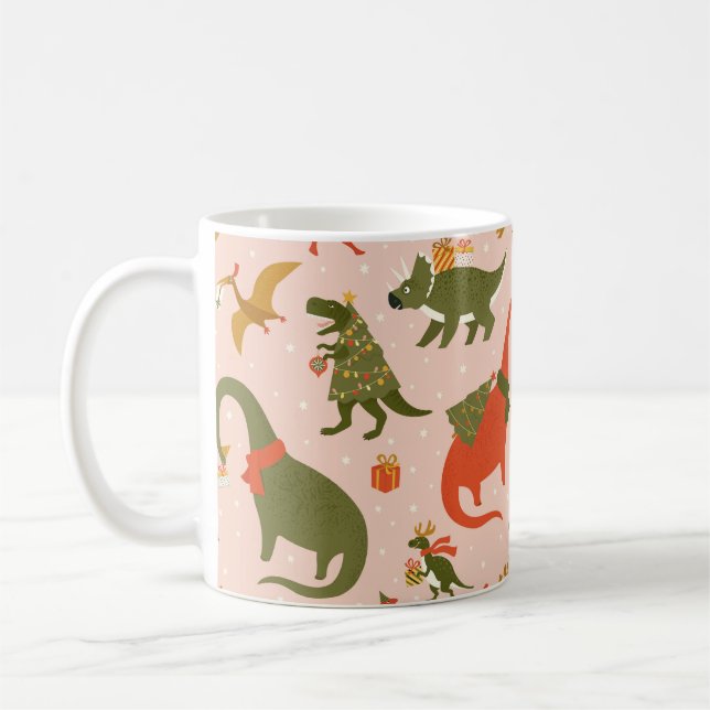 Dino Christmas Party Tree Rex. Dinosaur in Santa h Coffee Mug (Left)