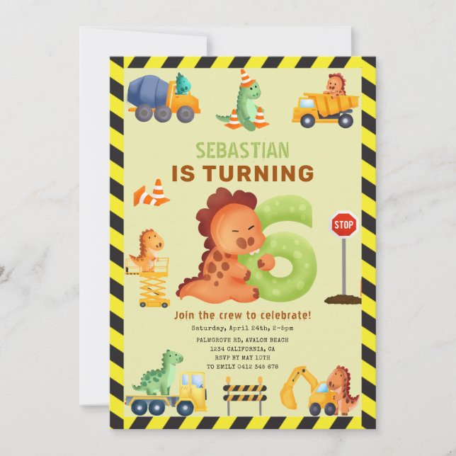 Dino Crew 6th Birthday Construction Dinosaur Invitation (Front)