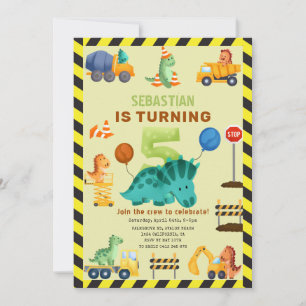Dino Crew Construction 5th Birthday Dinosaur  Invitation