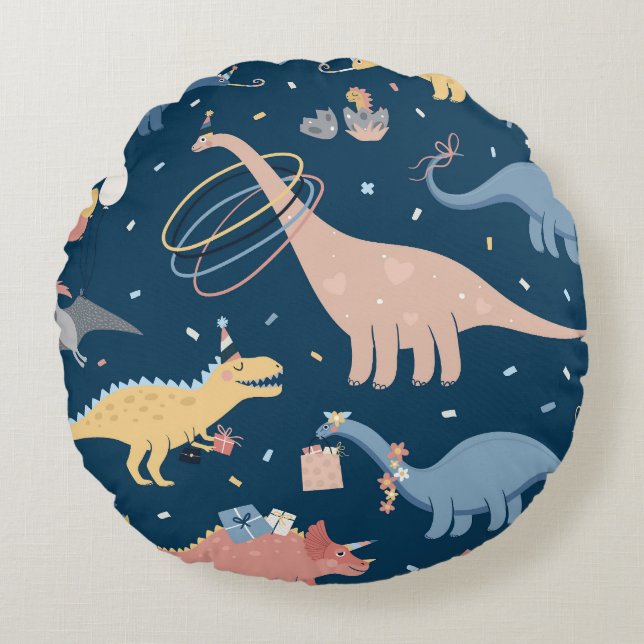 Dino Delight: Birthday Party Fun Round Cushion (Front)