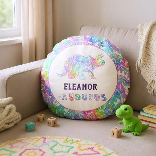 Dino Dig Rainbow- prehistoric pop of colour  Round Cushion