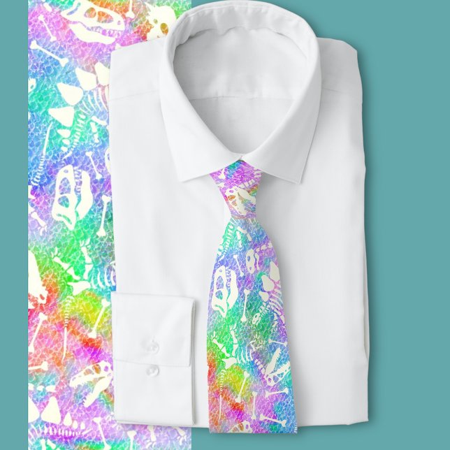 Dino dig rainbow   tie (Dinosaur bones pattern on a rainbow background )