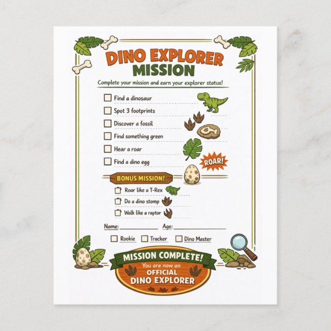 Dino Explorer Dinosaur Birthday Party Game Flyer (Front)