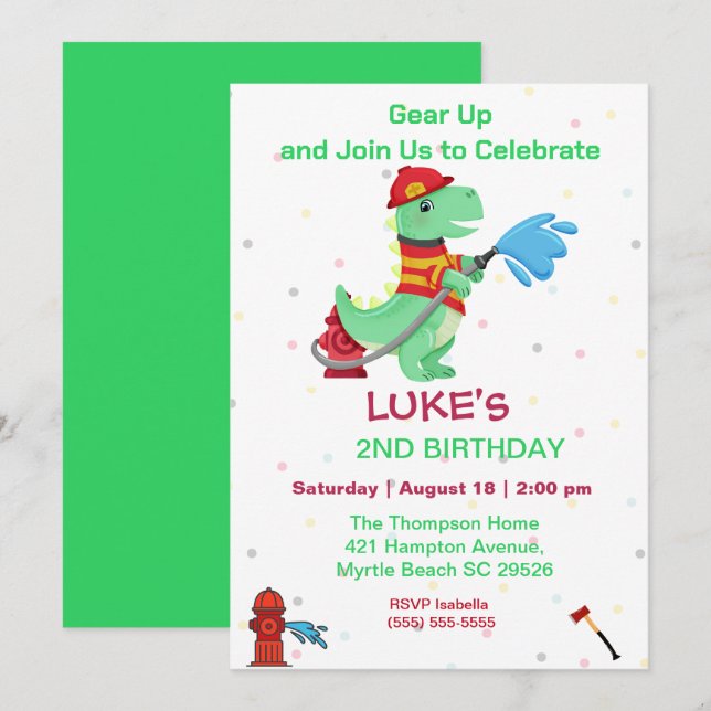 Dino Fireman Kids 2nd Birthday Party Invitation (Front/Back)