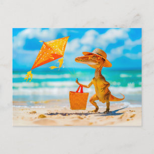 Dino Flying Kite at Beach Holiday Postcard