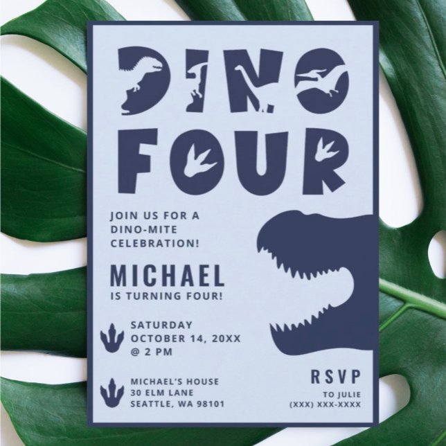 Dino Four Blue Dinosaur 4th Birthday Party Invitation (Creator Uploaded)