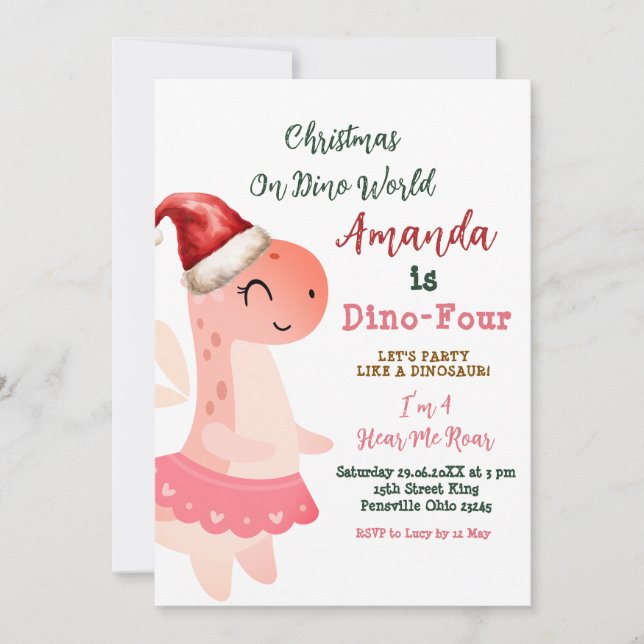 Dino-Four Christmas on Dino World Girl Birthday Invitation (Front)
