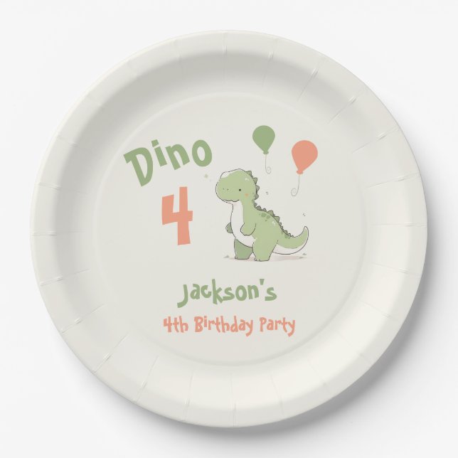 Dino Four Dinosaur 4th Birthday Party Paper Plate (Front)