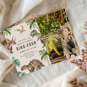 Dino-Four Dinosaur 4th Birthday Photo Invitation