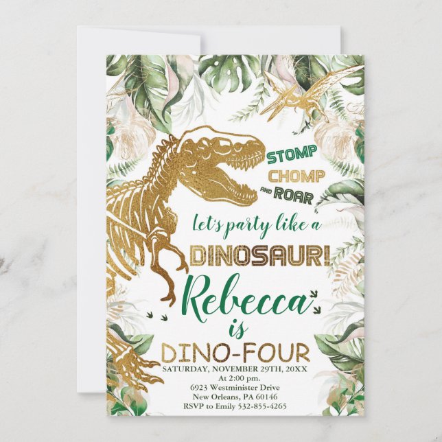 Dino-Four Dinosaur Birthday, Dino T-Rex Invitation (Front)