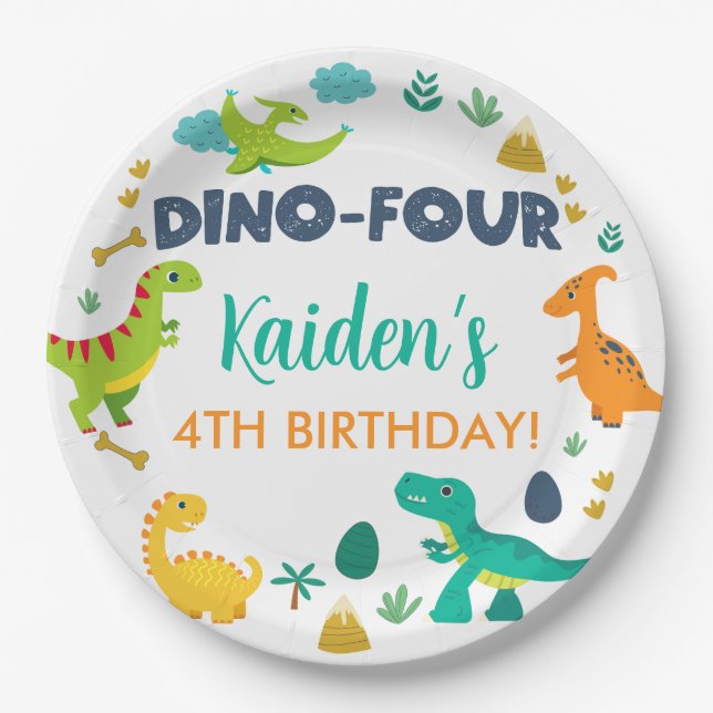Dino Four dinosaurs boy birthday paper plates. Plate (Front)