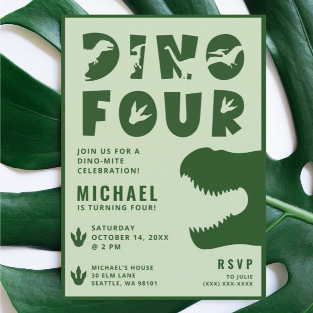 Dino Four Green Dinosaur 4th Birthday Party Invitation (Creator Uploaded)
