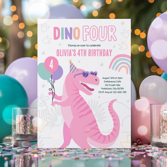 Dino Four Pink T-Rex Dinosaur 4th Birthday Party  Invitation (Creator Uploaded)
