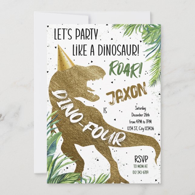 Dino Four T-Rex Dinosaur 4th Birthday Party Invitation (Front)