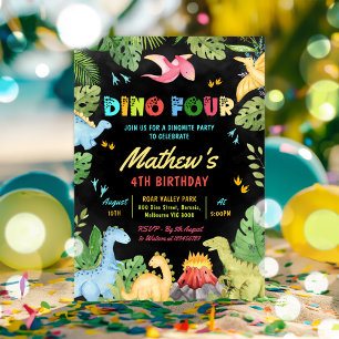 Dino Four T-Rex Dinosaur 4th Birthday Party Invitation
