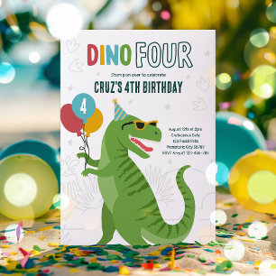 Dino Four T-Rex Dinosaur 4th Birthday Party  Invitation