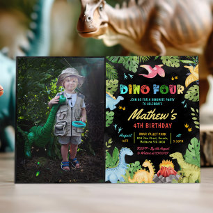 Dino Four T-Rex Dinosaur 4th Birthday Party Photo Invitation