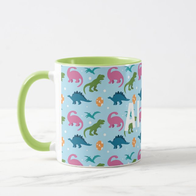 Dino Fun Kids Pink Orange Green Blue Name Mug (Left)