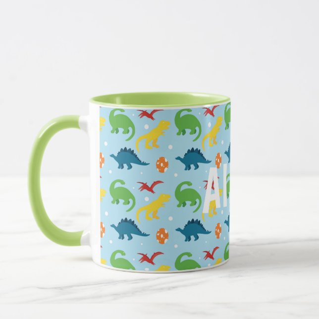 Dino Fun Red Yellow Green Blue Kids Custom Mug (Left)